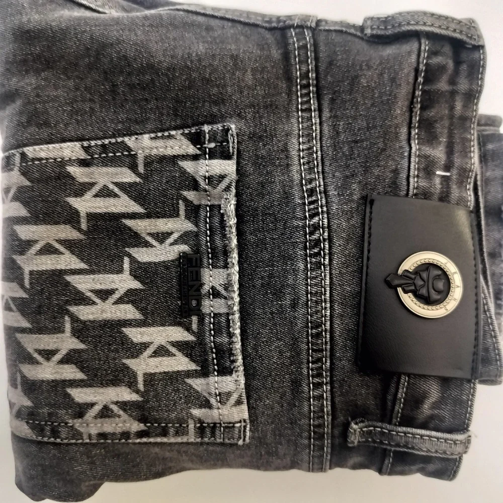 Fendi Roma Mens‎ Distressed Slim Fit Jeans Faded Black Monogram Pocket Italy
